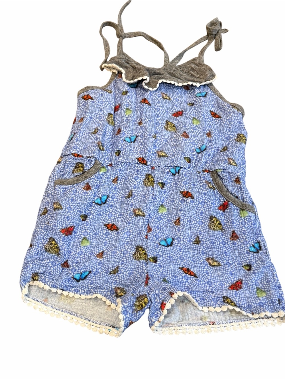 Miki Miette, Girls Blue Butterfly Print Romper with Trim, Size 10